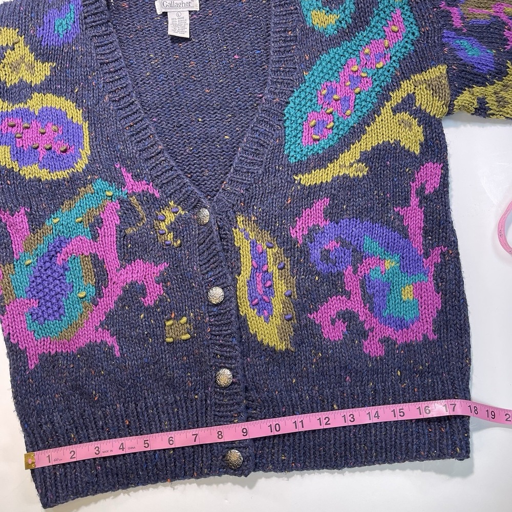 Gallagher Vintage Hand Knit Sweater Cardigan Navy Pink Turquoise Women's Large - Picture 12 of 14